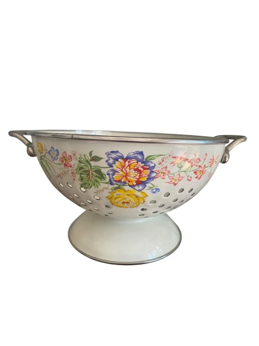 Vintage Kobe Enamelware Floral Colander Footed Enamel Strainer